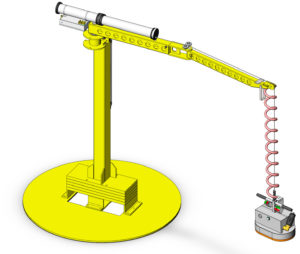 Complete lifting system: FlexiCrane Mobile with integrated Bal-Trol and vacuum sack gripper.